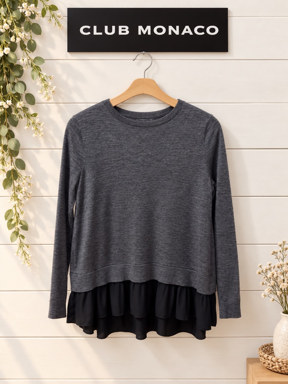 Club Monaco – 100% Wool Layered Pleated Sweater Top – Grey & Black S/M